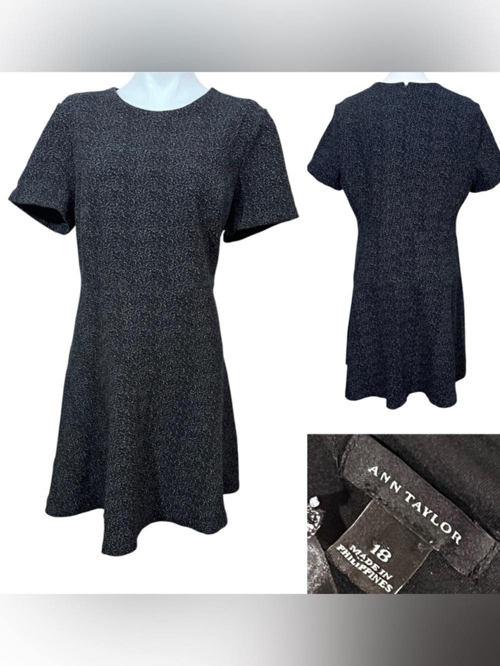 Ann Taylor dress plus size 18 Black Silver Fleck Short Sleeve Fit-n-Flare
